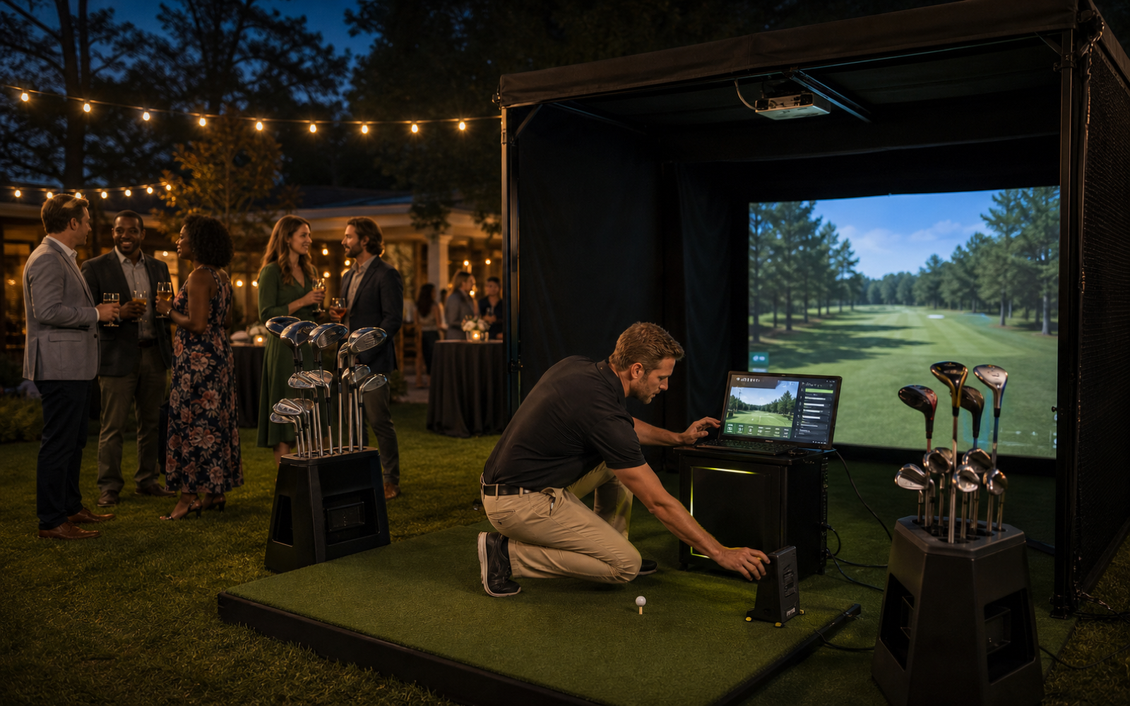 Representative concept of an operator preparing a mobile golf simulator setup